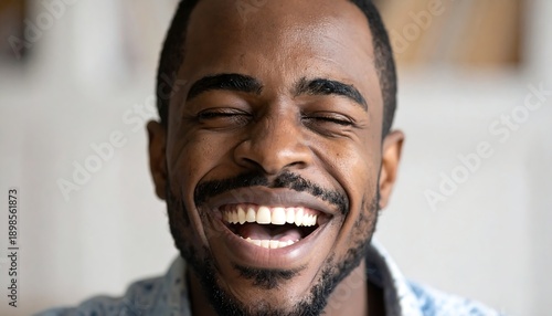 Young man laughing openly with expressive smile showing genuine happiness