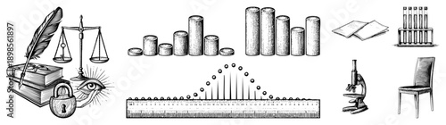 Classic academic and scientific rendered in halftone, including books, scales, eye, ruler, test tubes, microscope, and chair ideal for education or research themes.