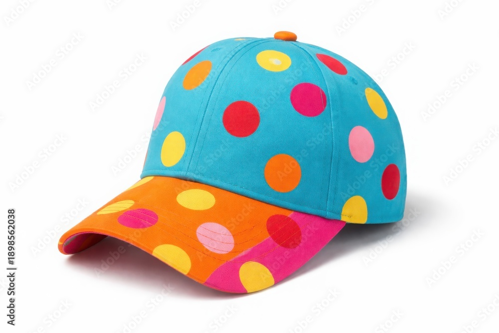 Fototapeta premium Brightly colored polka dot baseball cap with orange brim and pink back panel
