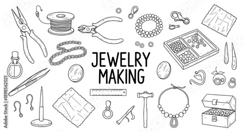 Collection of tools and materials for jewelry making displayed in a doodle style
