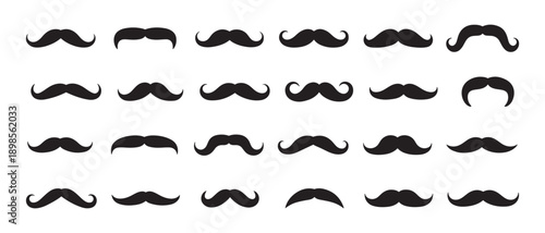 Black Mustache Icons Set. Diverse Shapes and Retro Vintage Designs on Clean White Background.
