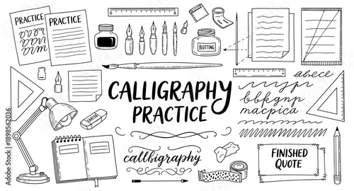 Calligraphy practice tools and lettering samples arranged in a creative composition