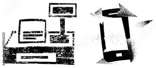 Retro style printer and smartphone with halftone dot, digital and analog tech fusion, graphic design elements, vector illustration.