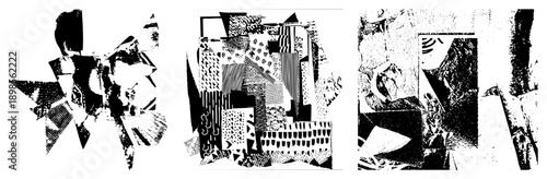 Fragmented abstract composition with bold shapes, halftone textures, and high contrast, ideal for graphic design or digital art backgrounds.