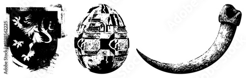 Black and white vector rampant lion, ornate egg with geometric, curved horn. Vintage halftone texture, isolated symbols, and mystical motifs.