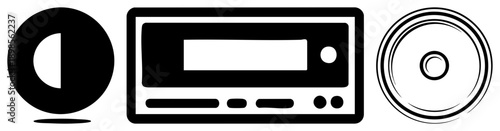 Classic car components including head unit, speaker, and circular control knob, minimalist vector design, automotive sound system, retro car tech.