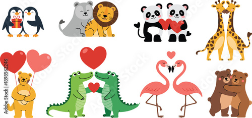 cute, animal, couples, love, cartoon, valentine, heart, illustration, set, romantic, adorable, character, vector, collection, kids, friendship, isolated, white, design, mascot