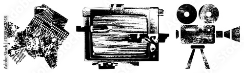 Retro tech symbols including circuit board, old, and film camera rendered in halftone, vector graphic, isolated elements, tech nostalgia, digital analog fusion.