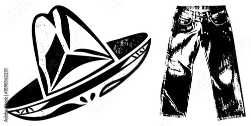 Western cowboy hat with geometric, denim jeans with ripped, fashion apparel, rustic chic, cowboy wear, streetwear style.