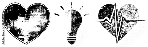 Three distressed vector heart with texture, glowing lightbulb, and heartbeat heart. Grunge aesthetic,, symbolic design elements for health, ideas, emotion.