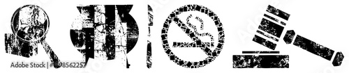 Distressed black on transparent background magnifying glass for search, shield for protection, no smoking sign, gavel for law. Vector symbols with gritty texture.