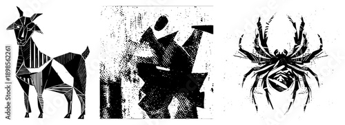 Triptych of stylized animals and human form using geometric shapes and halftone, vector art, black and white, graphic design, isolated foreground elements.