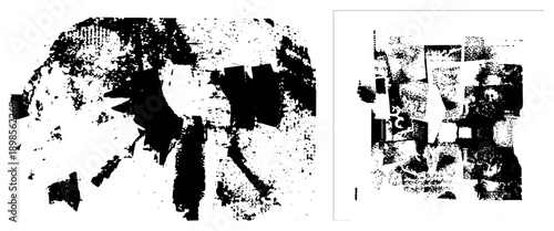 Bold black shapes fragmented into irregular blocks, halftone texture overlay, graphic design element, digital art composition, vector illustration with glitch aesthetic.