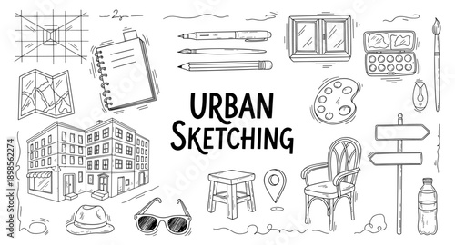 Collection of urban sketching tools and elements in a doodle art style