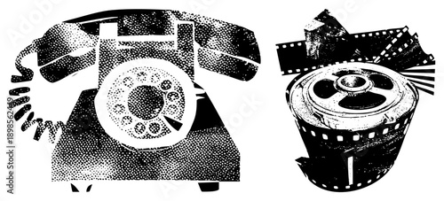 Retro rotary telephone with coiled cord and film reel with strips, halftone, classic communication tools, analog, black and white vector art.