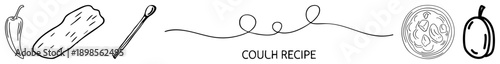 Hand drawn of chili, root vegetable, spoon, decorative swirl, bowl of stew, and plum all elements of a Coulh recipe, rendered in clean vector style with no shading or.