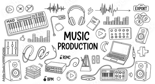 Doodle illustration of music production equipment and symbols for creative audio work