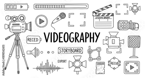 Collection of hand-drawn videography and filmmaking equipment icons and symbols