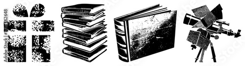 Stacked books with halftone textures, vintage telescope cutout, graphic design elements, black and white vector art, educational or astronomy theme.