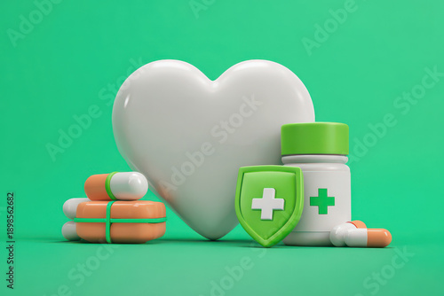 Healthcare Harmony: A heart icon symbolizes well-being, complemented by a protective shield and medicine, encapsulating the core principles of health and medication.