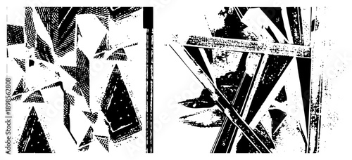 Bold angular shapes with halftone textures, abstract composition, graphic design elements, vector art, stark contrast, fragmented forms, modernist aesthetic.