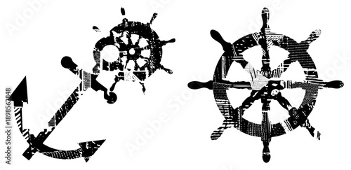 Maritime anchor and ship wheel, nautical symbols, vintage sea motifs, distressed graphic design, black and white vector art.