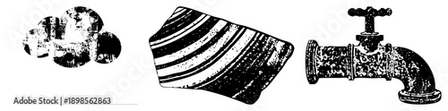 Rustic faucet with, striped ceramic tile fragment, distressed cloud, vector art, industrial design elements.