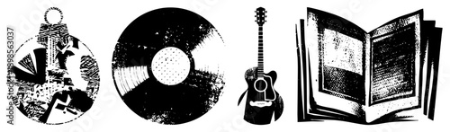 Black and white halftone illustrations of music and culture symbols vinyl record, acoustic guitar, open book, anchor stylized with gritty texture and bold.