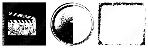 Vintage film clapperboard with distressed texture, halftone circle graphic, rough edged rectangular frame all in vector style. Perfect for cinema,, or design projects.