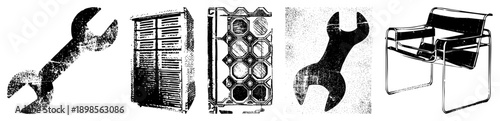 Grunge textured wrench, louvered cabinet, hexagonal engine block, minimalist chair vector with halftone grain, isolated foreground elements.