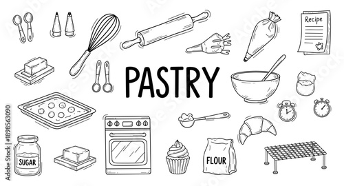 Hand-drawn pastry and baking ingredients collection with the word pastry