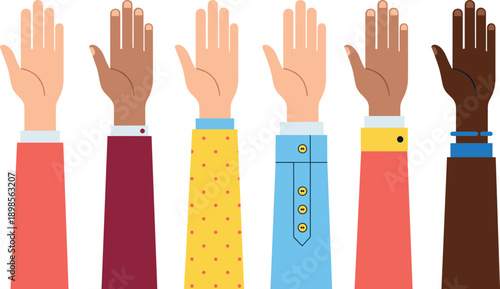Diverse raised hands set with various skin tones and colorful sleeves for community unity voting and social activism vector.