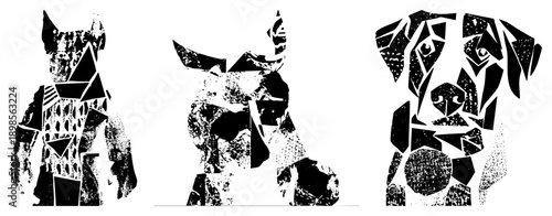 Abstract portraits composed of angular, vector art, stylized dog faces, graphic design elements, geometric fragmentation, modern pet illustration, digital art piece.