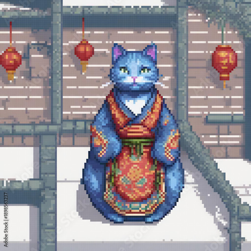 A pixel art image features a blue cat dressed in a kimono, standing in front of a brick wall with lanterns.