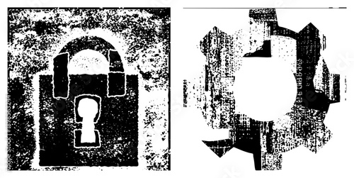 Rustic padlock and gear with grainy texture, mechanical security symbol, industrial design element, retro tech motif, mechanical lock, cogwheel emblem.