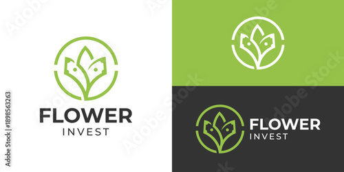 Creative simple flower invest logo template. Abstract money cash with natural flower or leaf logo design vector illustration.