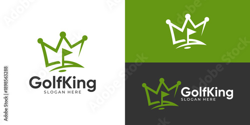 Creative simple golf king logo template. Abstract crown with golf hole flag logo design vector illustration.