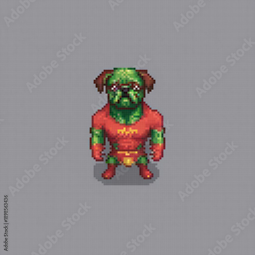 A pixel art image of a green, brown, and red dog in a superhero costume, standing on a grey background.