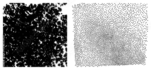 Organic brushstroke texture with chaotic strokes, paired with halftone dot gradient fading to sparse, vector art, isolated foreground elements, artistic texture design.