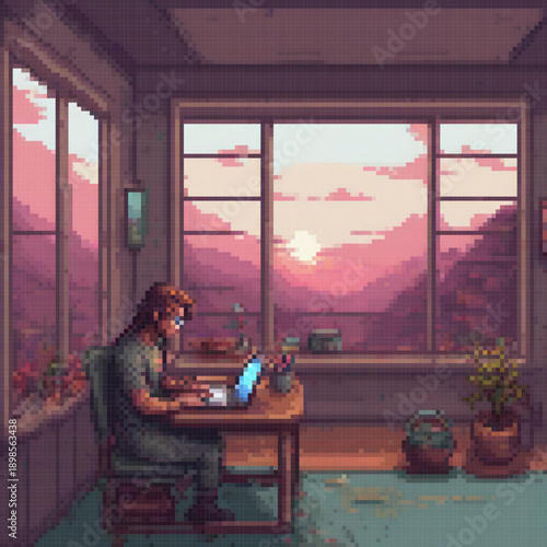 A man sits at a desk with a laptop, overlooking a serene landscape. The room features a potted plant, a tea kettle, and a vase. The image is a pixel art rendition.