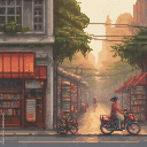 A city street scene with a man on a motorcycle, bicycles, and a book store. The background features buildings and trees.