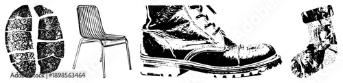 Black and white halftone vector illustration of a combat boot, modern chair, and shoe prints, isolated graphic elements, minimalist design, urban fashion, footwear and furniture.