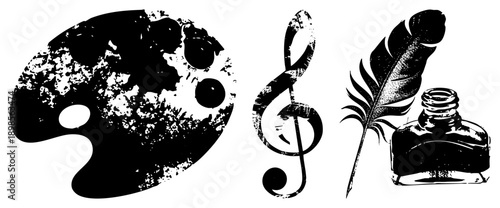 Creative tools including painter’s palette, treble clef, feather quill, and ink bottle, vector for artists and musicians.