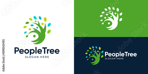 Creative simple people tree logo template. Abstract people with tree logo design vector illustration.