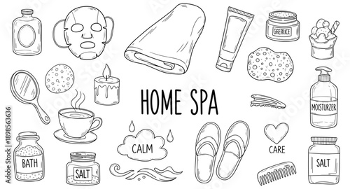 Collection of hand-drawn home spa and self-care items for relaxation and beauty routines