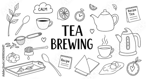 Hand-drawn illustration of tea brewing elements and accessories for a cozy beverage experience