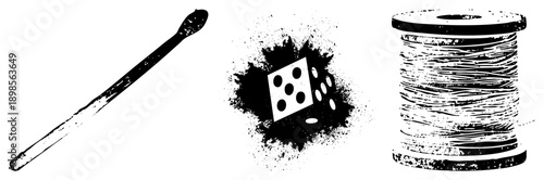 Matchstick, dice with ink splatter, thread spool, grunge vector art, black and white illustration, stylized objects, graphic design elements.