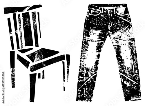 Stylized chair with vertical slats and worn denim jeans, graphic design elements, black and white halftone texture, fashion and furniture.