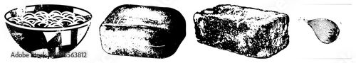 Black and white vector illustration of four food items ramen bowl, loaf of bread, brick, garlic clove. Minimalist, halftone texture, isolated foreground elements.