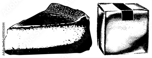 Black and white halftone graphic showing ice cube and cheese slice, stylized food items, dotted shading technique, vector art, isolated foreground.